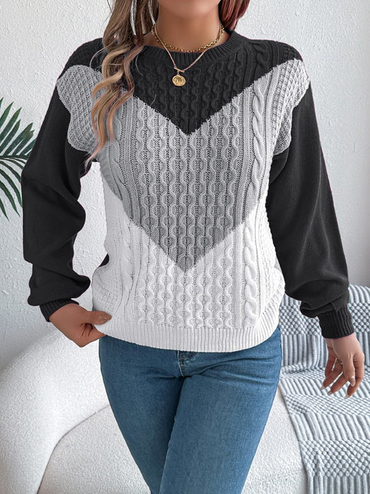 Contrast Round Neck Long Sleeve Sweater - Trendsi