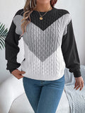 Contrast Round Neck Long Sleeve Sweater - Trendsi