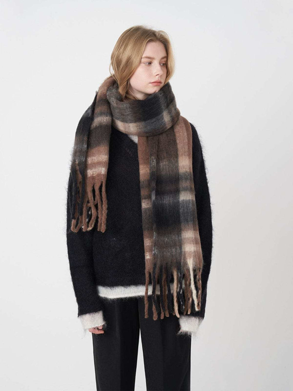 Fringe Plaid Polyester Scarf - Trendsi - Flyclothing LLC