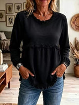 Fringed Hem Long Sleeve T-Shirt - Trendsi - Flyclothing LLC