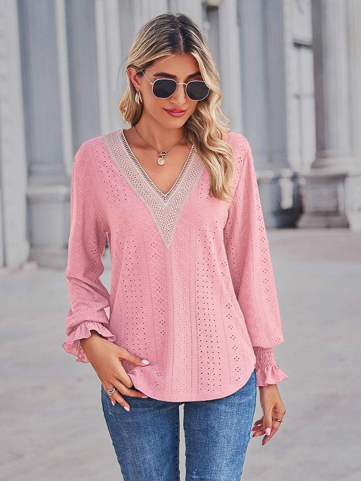 V-Neck Eyelet Flounce Sleeve Blouse - Trendsi - Flyclothing LLC