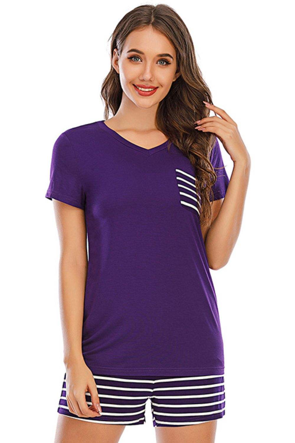 Striped Short Sleeve Top and Shorts Lounge Set - Trendsi - Flyclothing LLC
