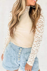 Mock Neck Long Sleeve Lace Patchwork T-Shirt - Trendsi - Flyclothing LLC
