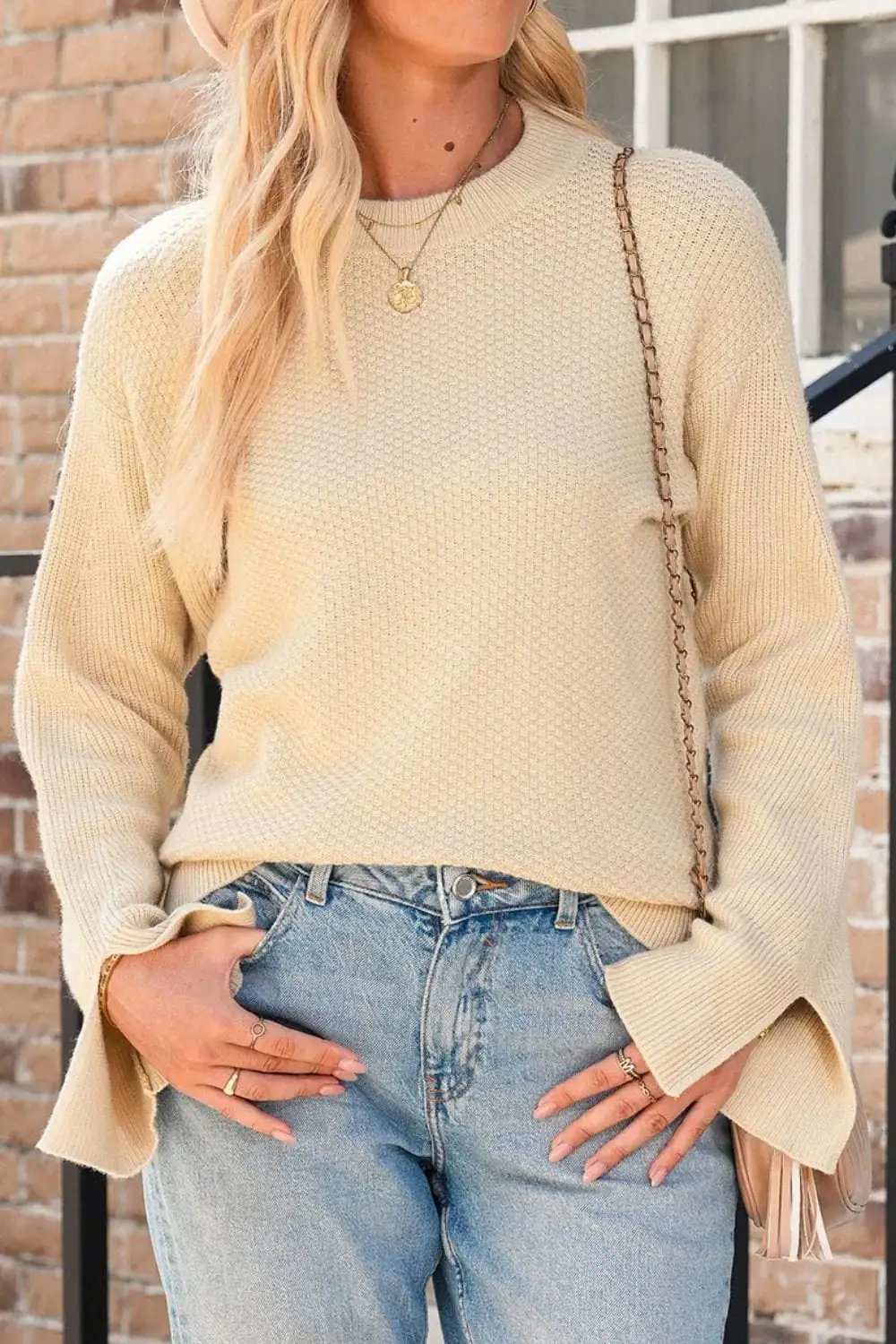 Textured Round Neck Long Sleeve Sweater - Trendsi - Flyclothing LLC