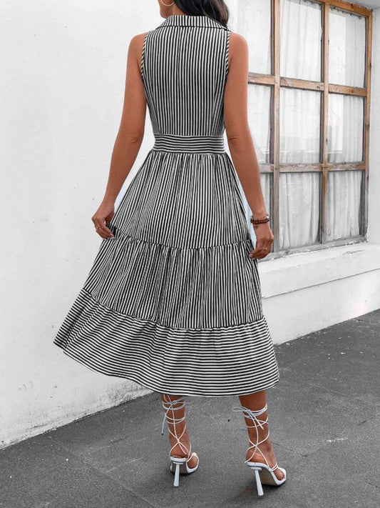 Striped Johnny Collar Sleeveless Midi Dress - Trendsi - Flyclothing LLC