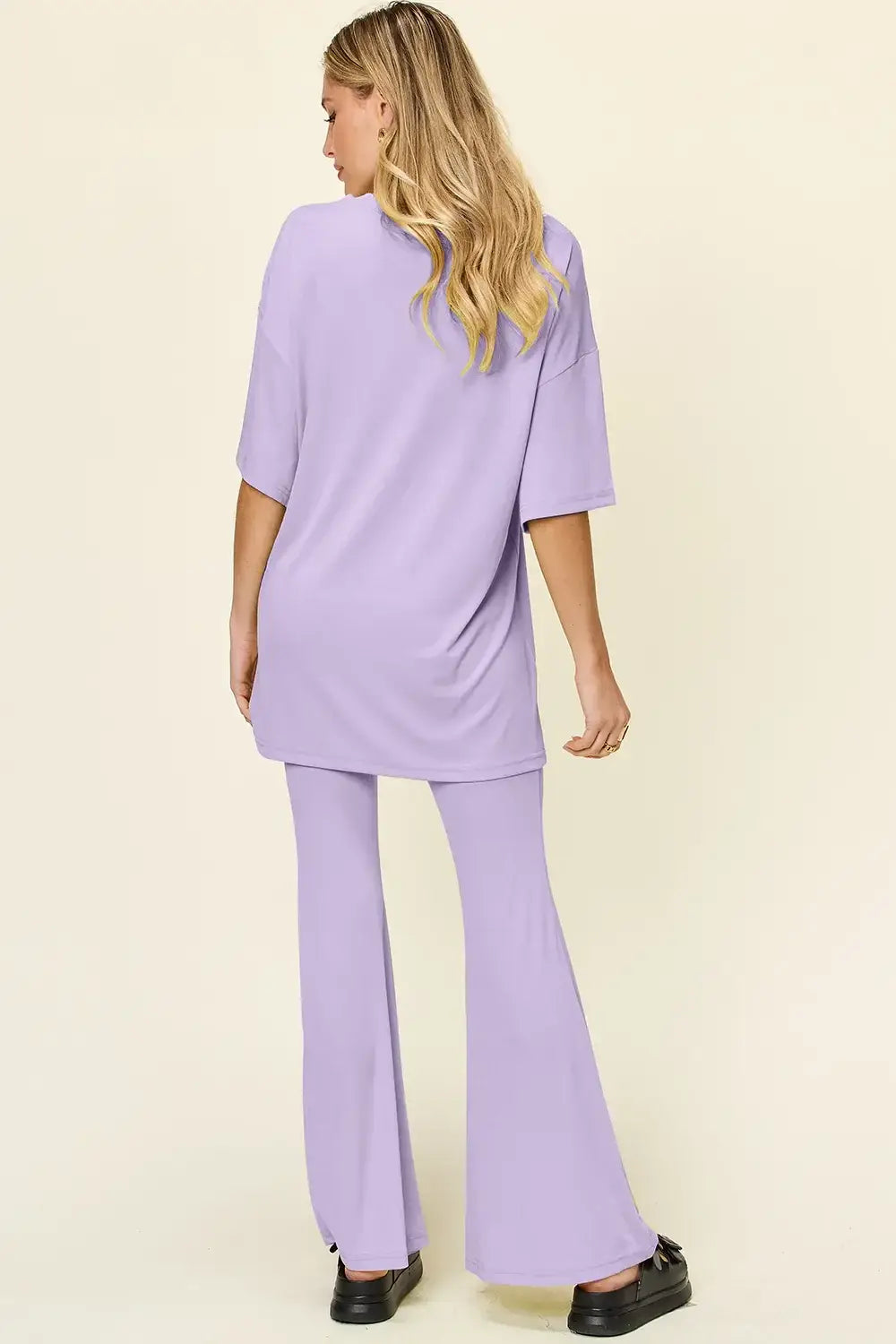 Double Take Full Size Round Neck Drop Shoulder T-Shirt and Flare Pants Set - Trendsi - Flyclothing LLC