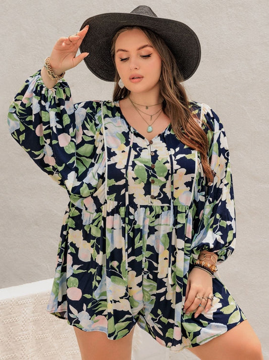Plus Size Tied Printed Long Sleeve Romper - Trendsi