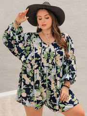Plus Size Tied Printed Long Sleeve Romper - Trendsi