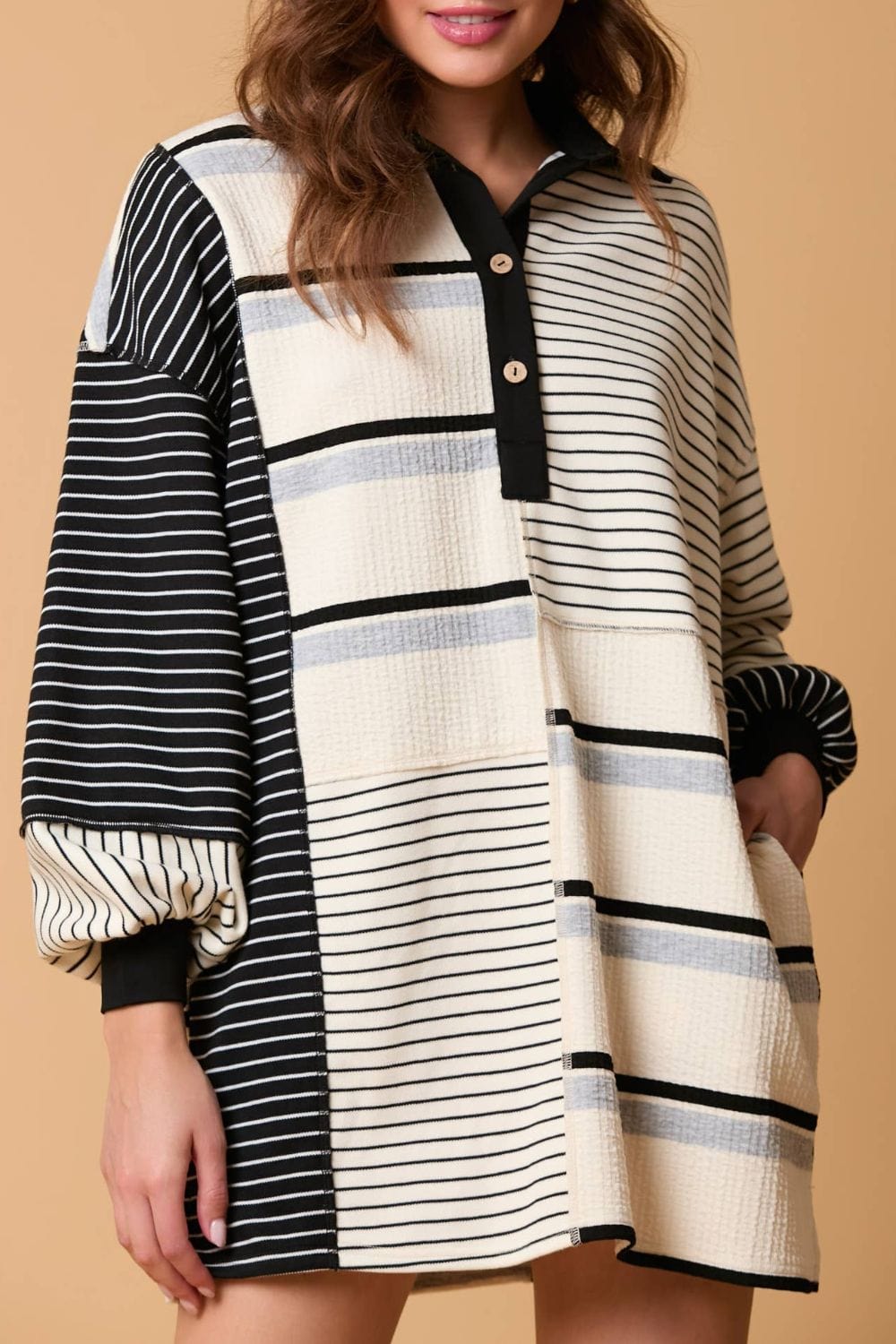 Striped Patchwork Long Sleeve Mini Dress - Trendsi