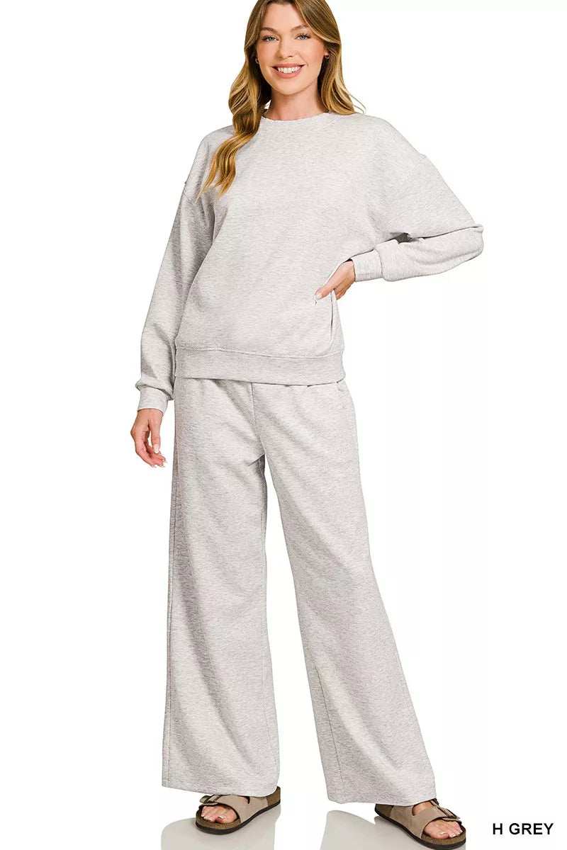 Zenana Scuba Crewneck Pullover and Pants Set - Trendsi - Flyclothing LLC