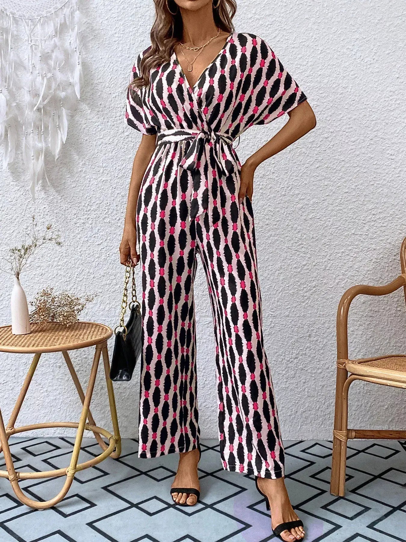 Printed Surplice Tie Waist Short Sleeve Jumpsuit - Trendsi - Flyclothing LLC