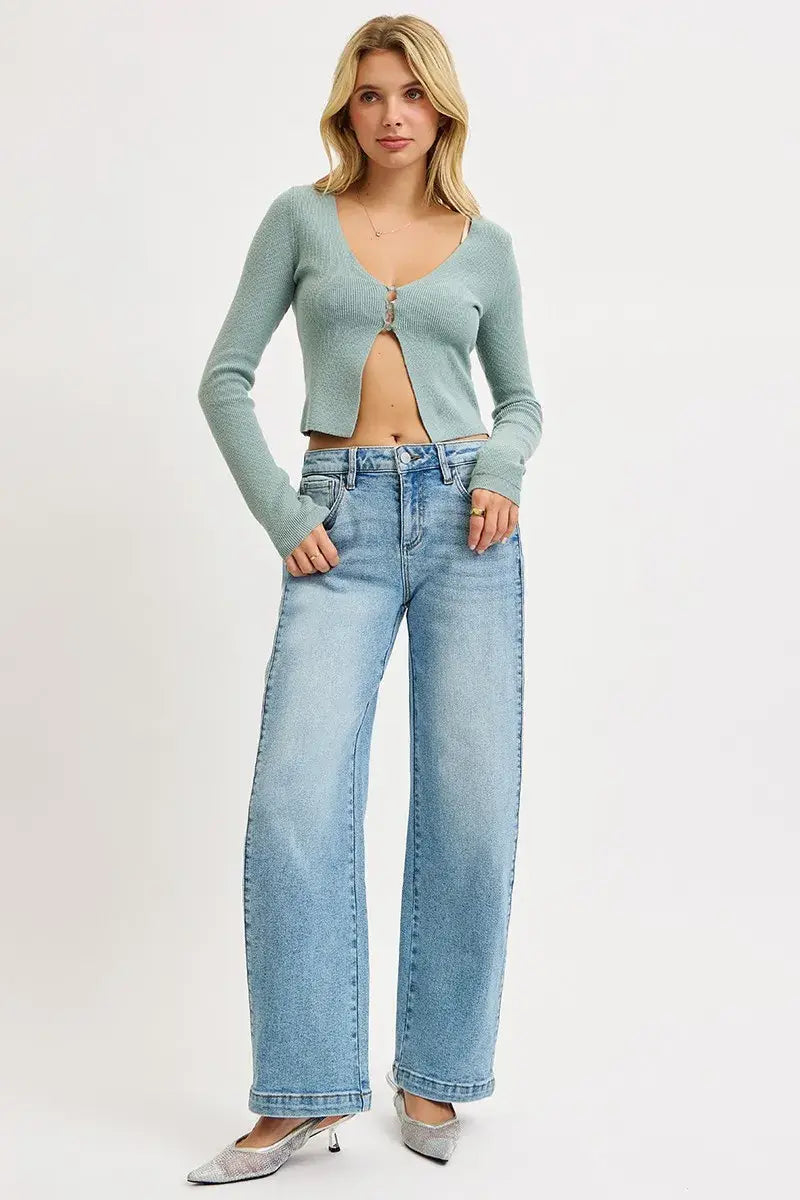 RISEN Mid Rise Wide Barrel Transferable Leg Snap Jeans - Trendsi - Flyclothing LLC