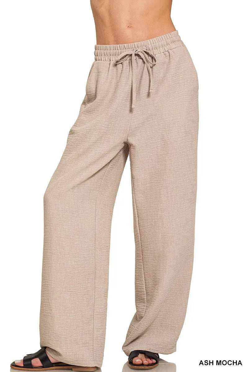 Zenana Woven Crepe Elastic Band Pants - Trendsi - Flyclothing LLC