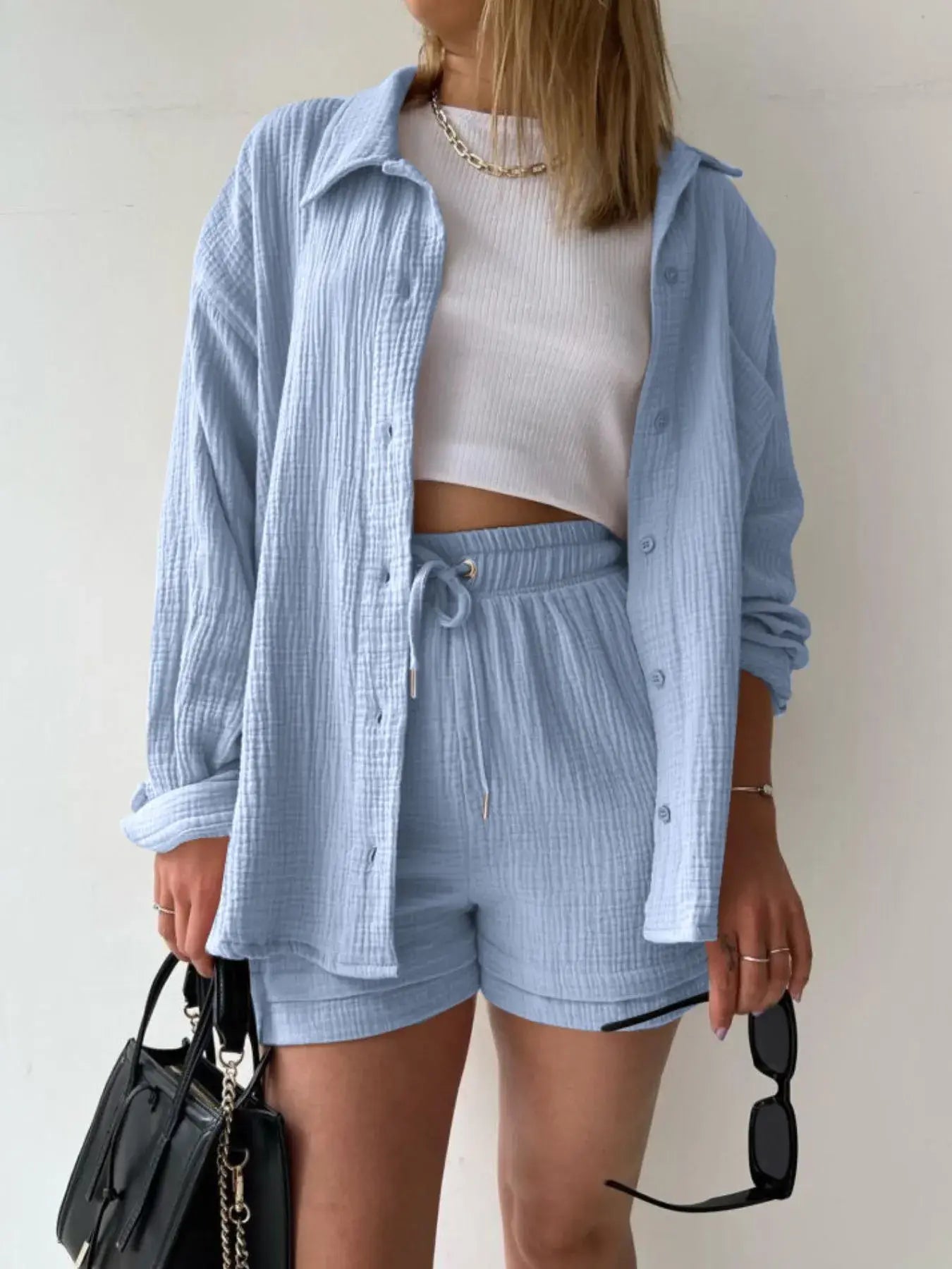 Textured Button Up Shirt and Shorts Set - Trendsi - Flyclothing LLC
