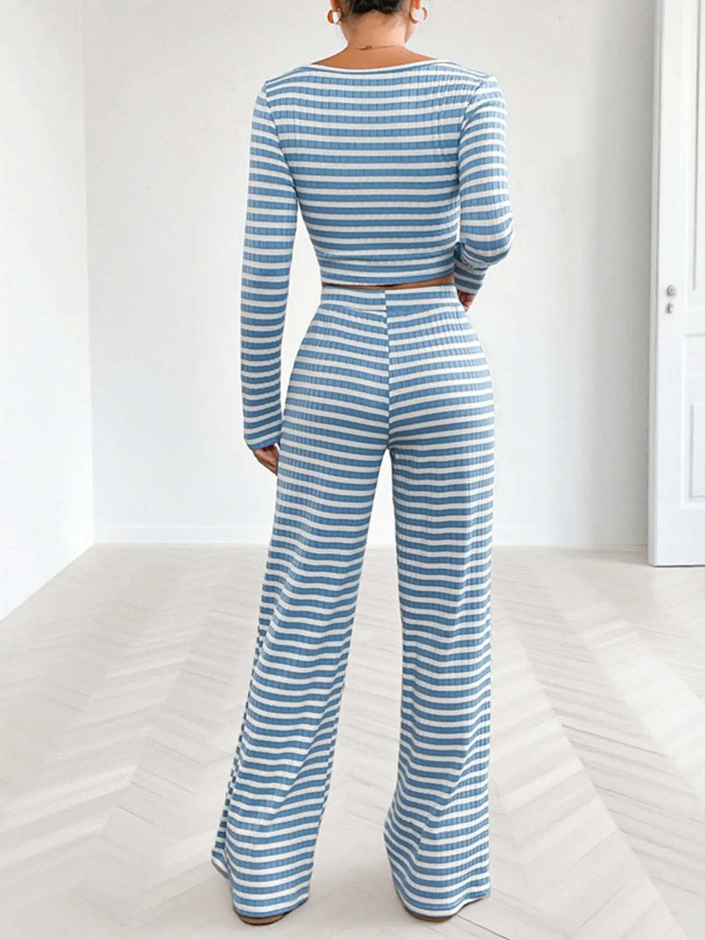Striped Square Neck Long Sleeve Top and Pants Lounge Set - Trendsi - Flyclothing LLC