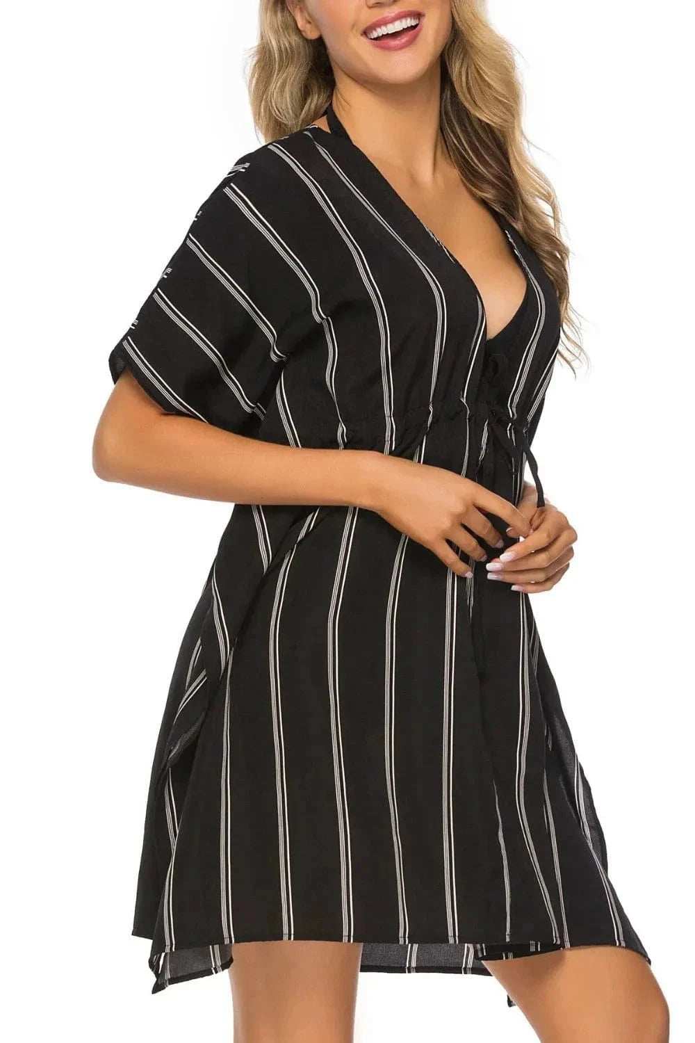 Drawstring Striped V-Neck Cover-Up - Trendsi - Flyclothing LLC