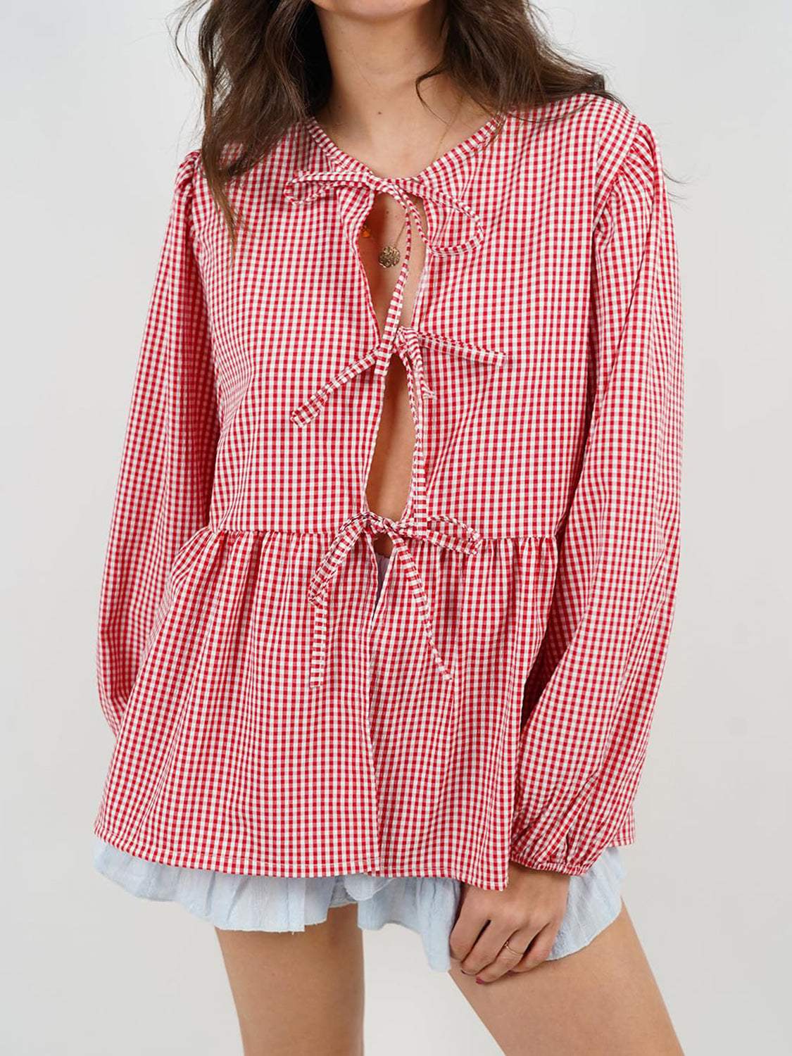 Tied Round Neck Long Sleeve Blouse - Trendsi - Flyclothing LLC
