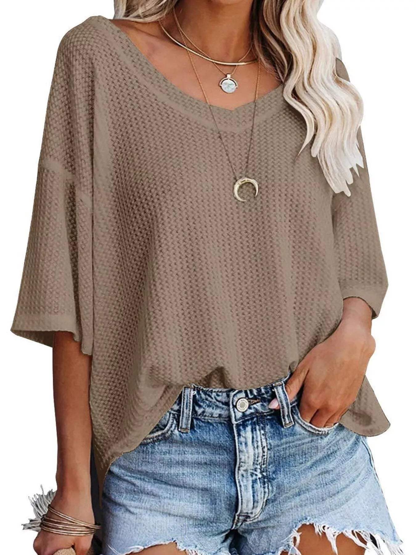 Waffle Knit V-Neck Short Sleeve T-Shirt - Trendsi - Flyclothing LLC