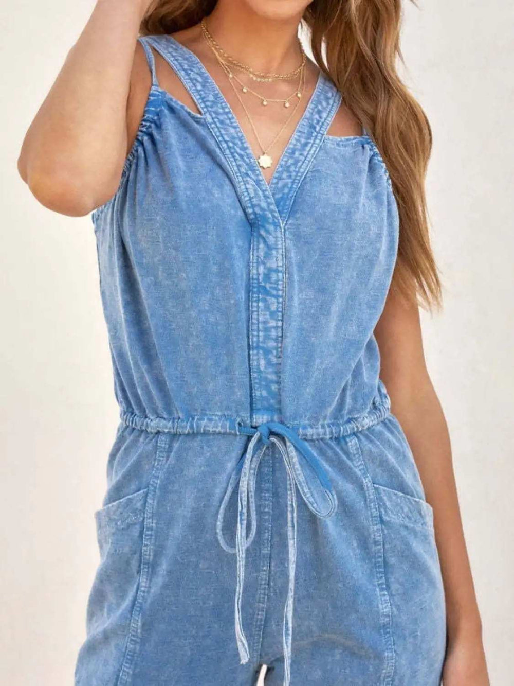 V-Neck Sleeveless Denim Jumpsuit - Trendsi - Flyclothing LLC