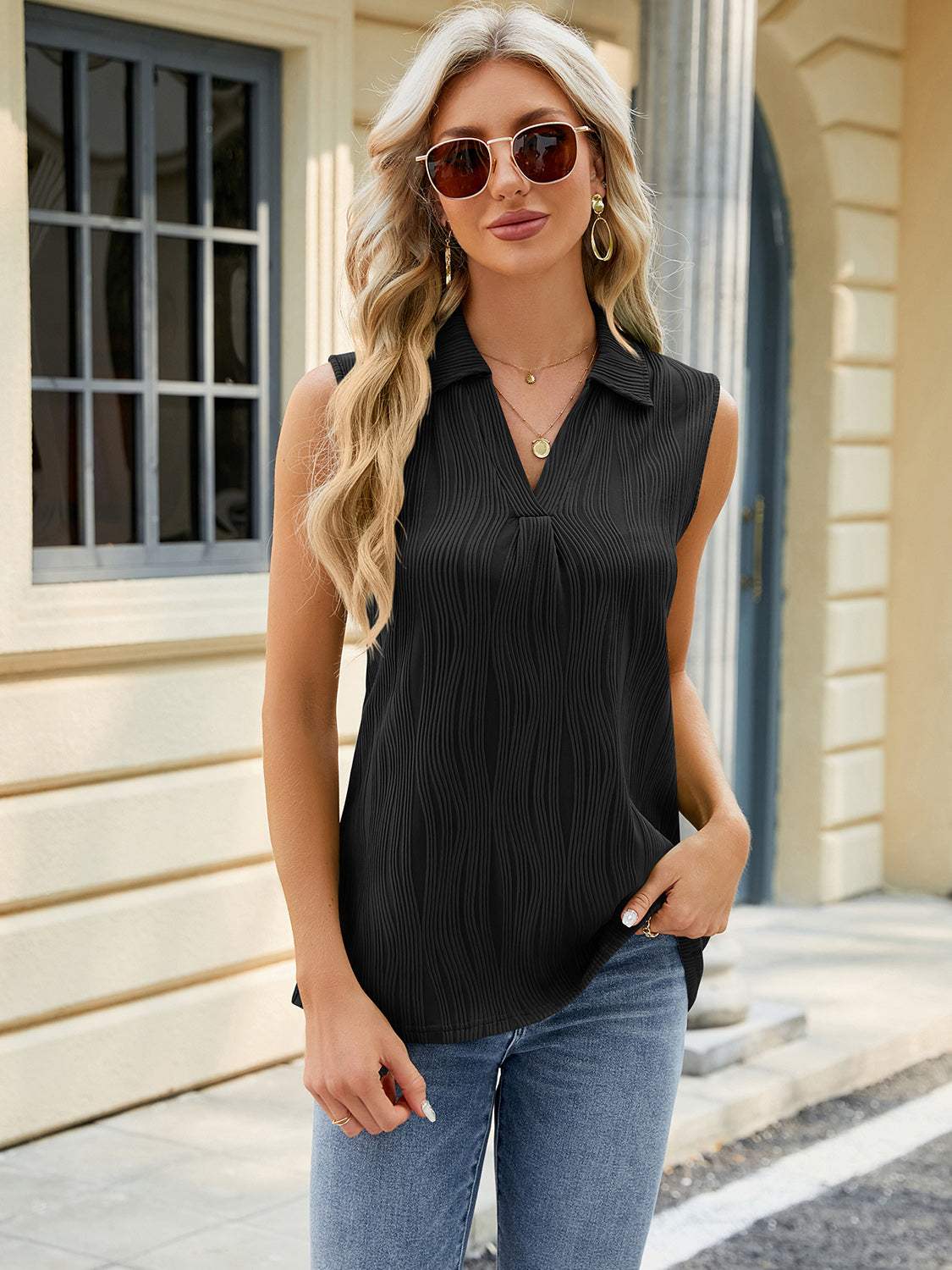 Textured Johnny Collar Tank - Trendsi - Flyclothing LLC
