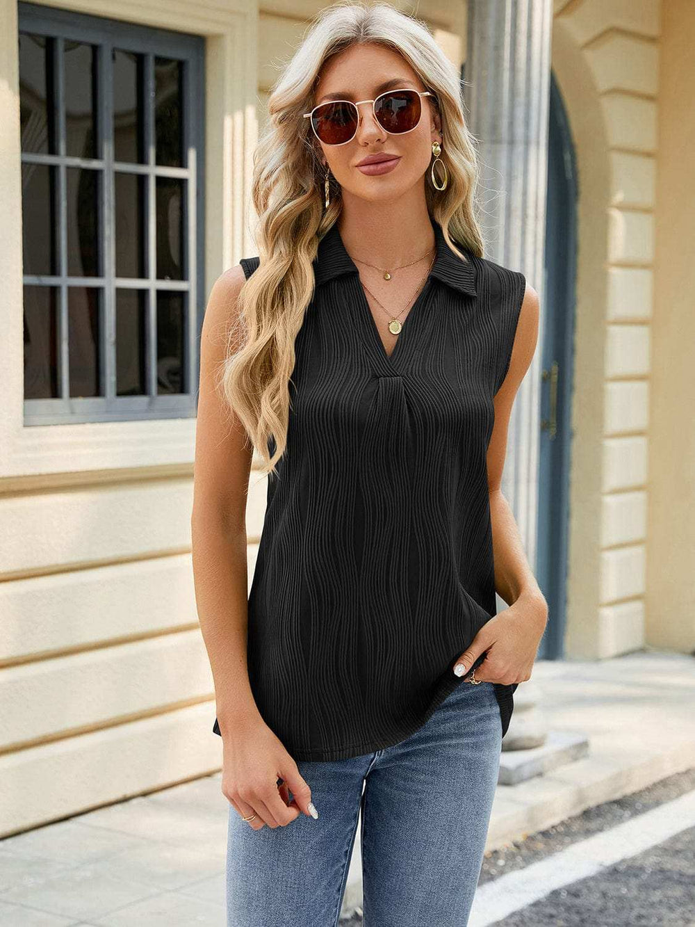 Textured Johnny Collar Tank - Trendsi - Flyclothing LLC