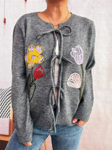 Floral Ribbed Hem Tie Front Cardigan - Trendsi - Flyclothing LLC