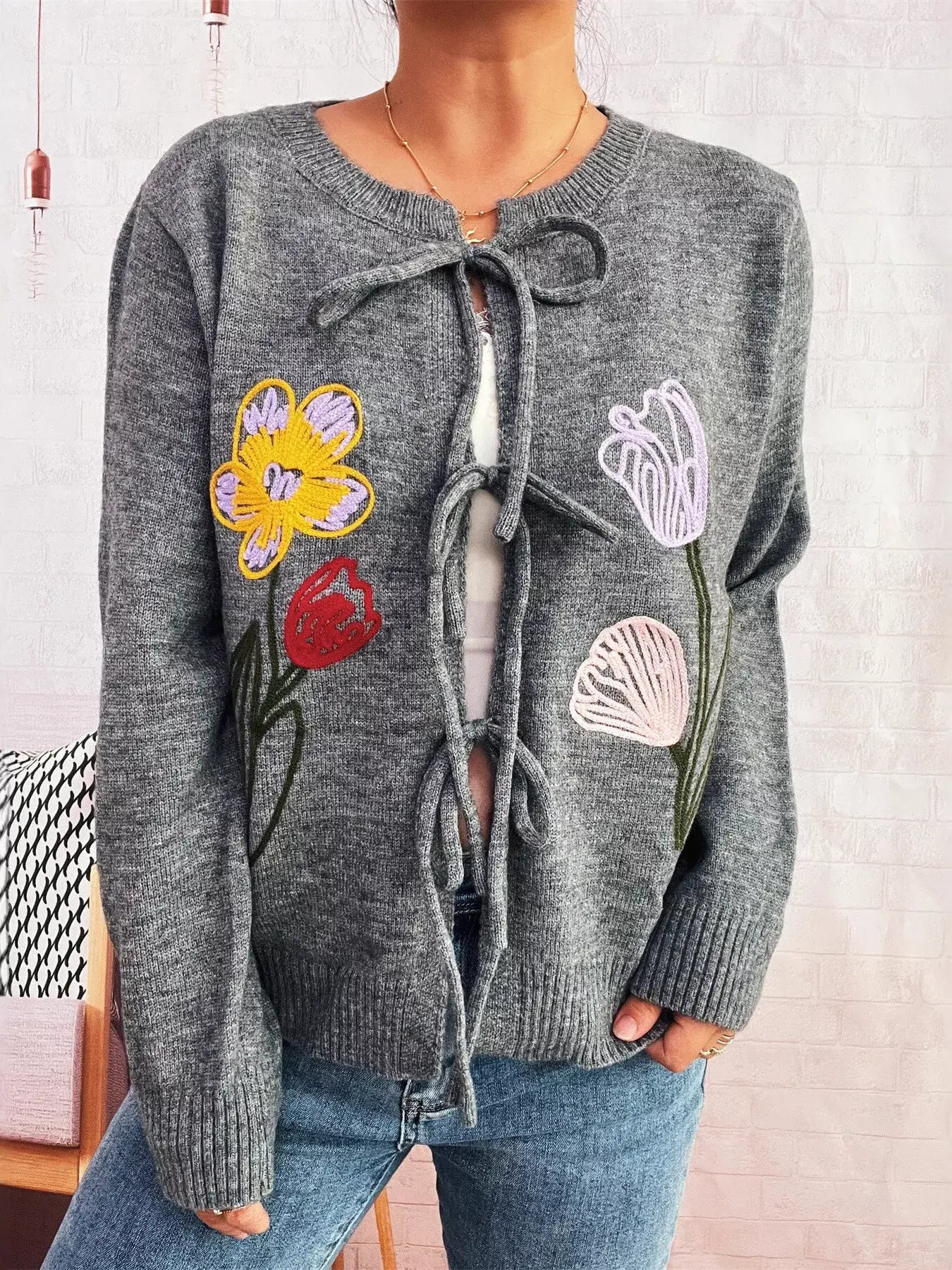 Floral Ribbed Hem Tie Front Cardigan - Trendsi - Flyclothing LLC