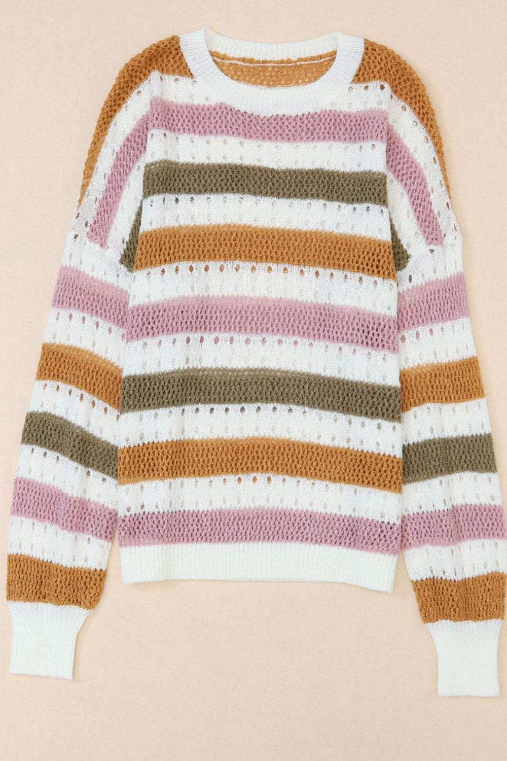 Striped Round Neck Hollowed Sweater - Trendsi - Flyclothing LLC