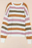 Striped Round Neck Hollowed Sweater - Trendsi - Flyclothing LLC