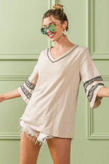 BiBi Triblend Knit Top with Leopard Band Detail - Trendsi - Flyclothing LLC