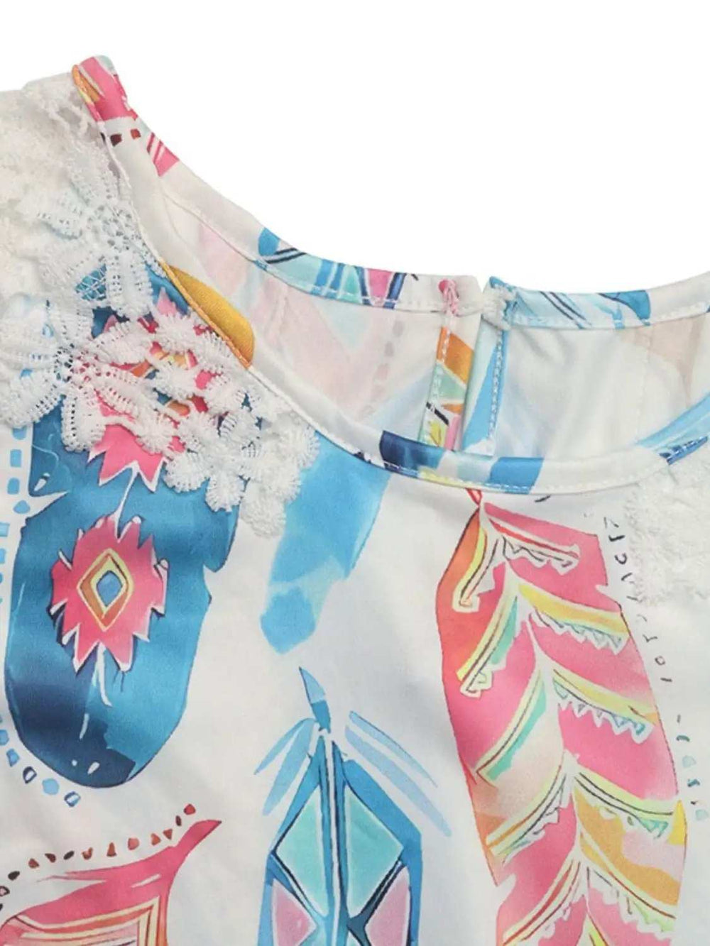 Printed Round Neck Lace Short Sleeve Top - Trendsi - Flyclothing LLC