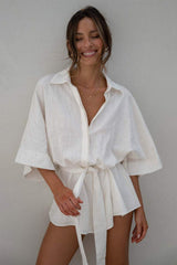 Tied Button Up Collared Neck Romper - Trendsi - Flyclothing LLC