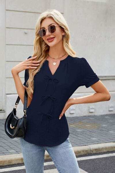 Notched Short Sleeve Blouse - Trendsi - Flyclothing LLC