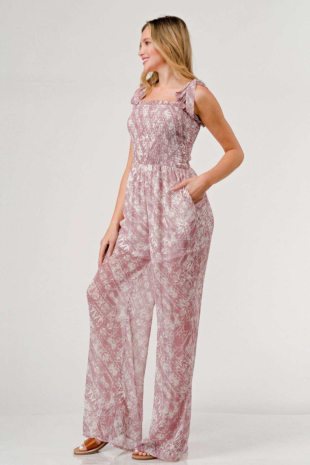 GeeGee Printed Tie Shoulder Wide Leg Jumpsuit - Trendsi - Flyclothing LLC