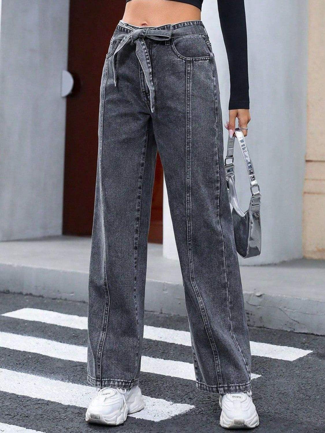 Tied Straight Leg Jeans with Pockets - Trendsi - Flyclothing LLC