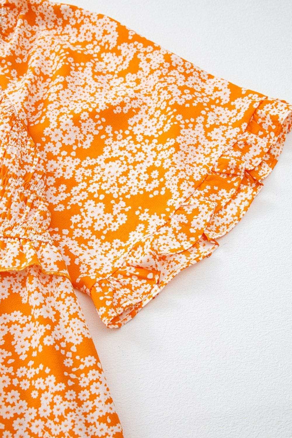 Floral Print Smocked V Neck Wide Sleeve Maxi Dress - Trendsi - Flyclothing LLC