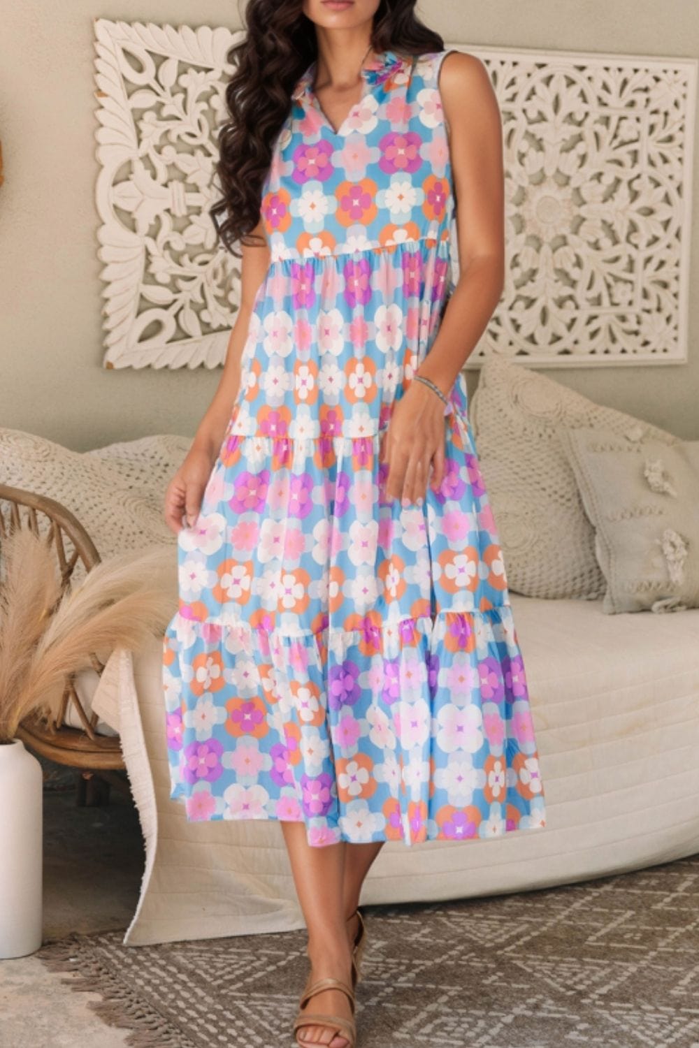 Floral Print Sleeveless Tiered Midi Dress - Trendsi