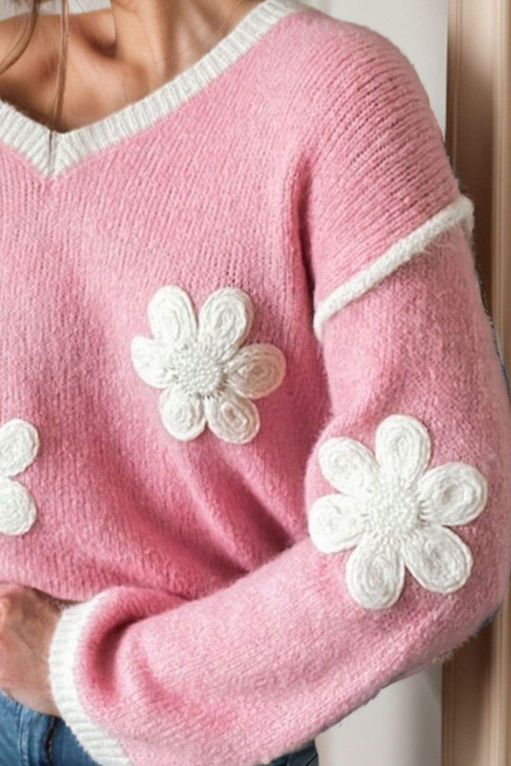 Flower V-Neck Dropped Shoulder Sweater - Trendsi - Flyclothing LLC