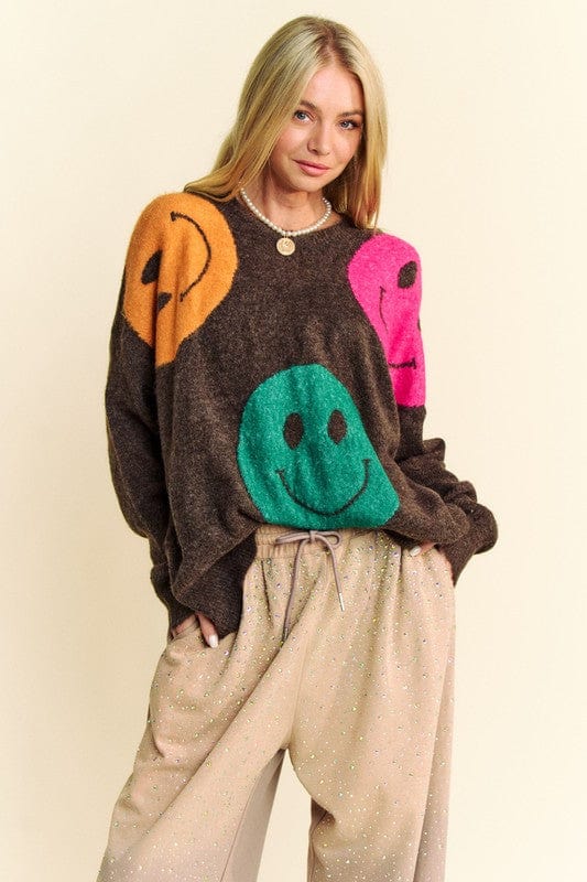 Davi & Dani Contrast Smile Round Neck Oversize Sweater - Trendsi