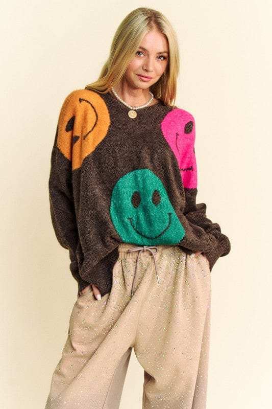 Davi & Dani Contrast Smile Round Neck Oversize Sweater - Trendsi - Flyclothing LLC