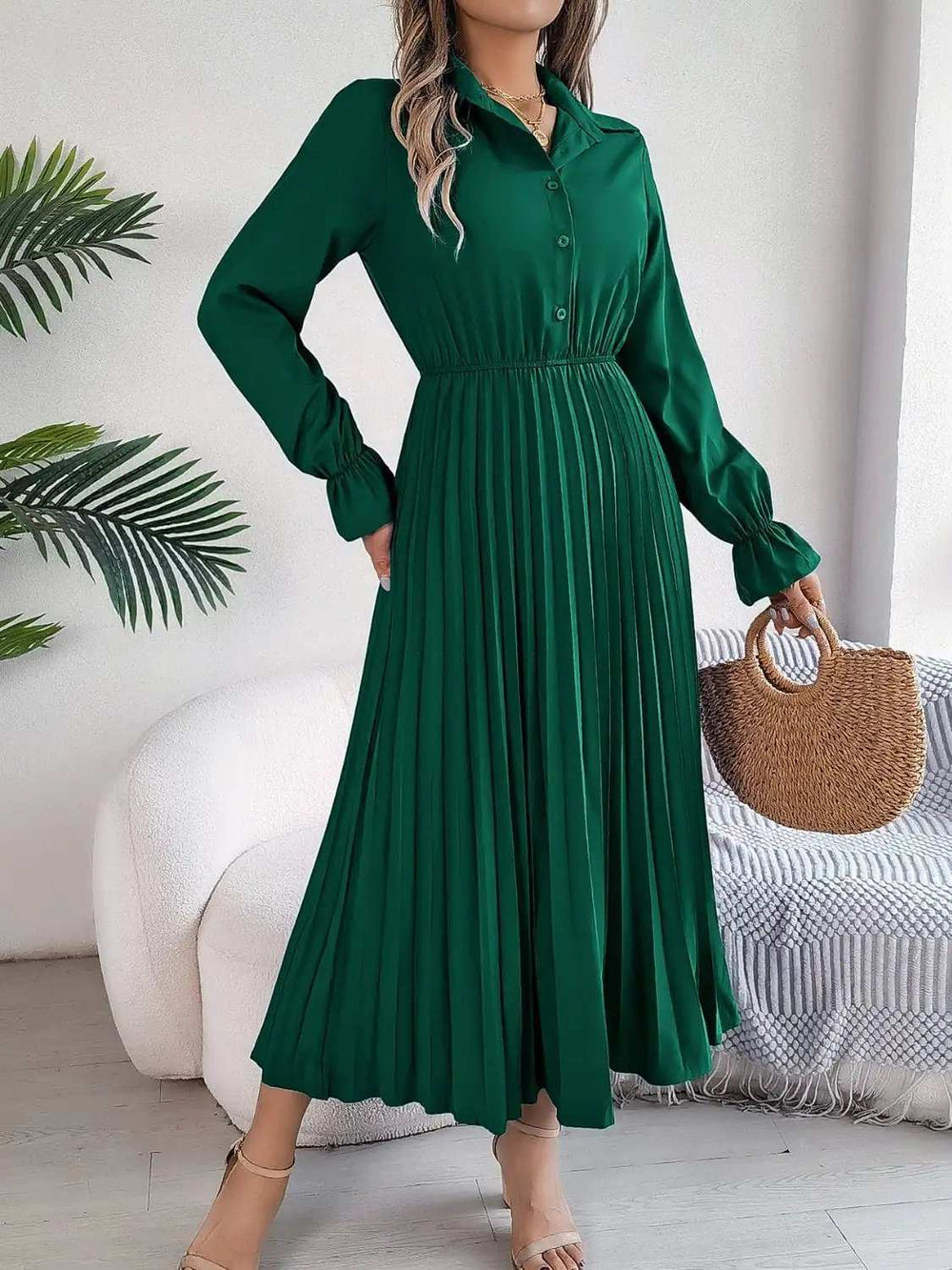 Pleated Half Button Long Sleeve Midi Dress - Trendsi - Flyclothing LLC