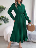 Pleated Half Button Long Sleeve Midi Dress - Trendsi - Flyclothing LLC