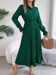 Pleated Half Button Long Sleeve Midi Dress - Trendsi