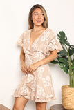 Double Take Floral Lace Pompom Detail Tie-Waist Flutter Sleeve Dress - Trendsi