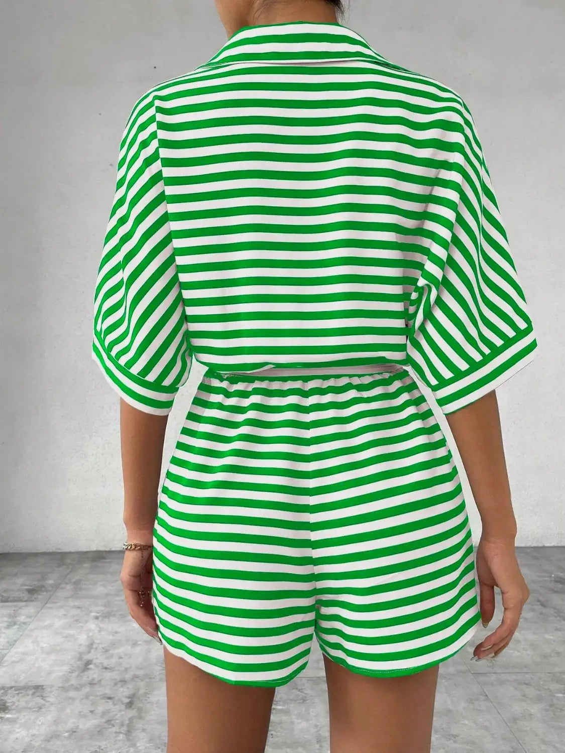 Tie Waist Half Button Striped Romper - Trendsi - Flyclothing LLC