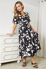 Printed Surplice Balloon Sleeve Dress - Trendsi - Flyclothing LLC