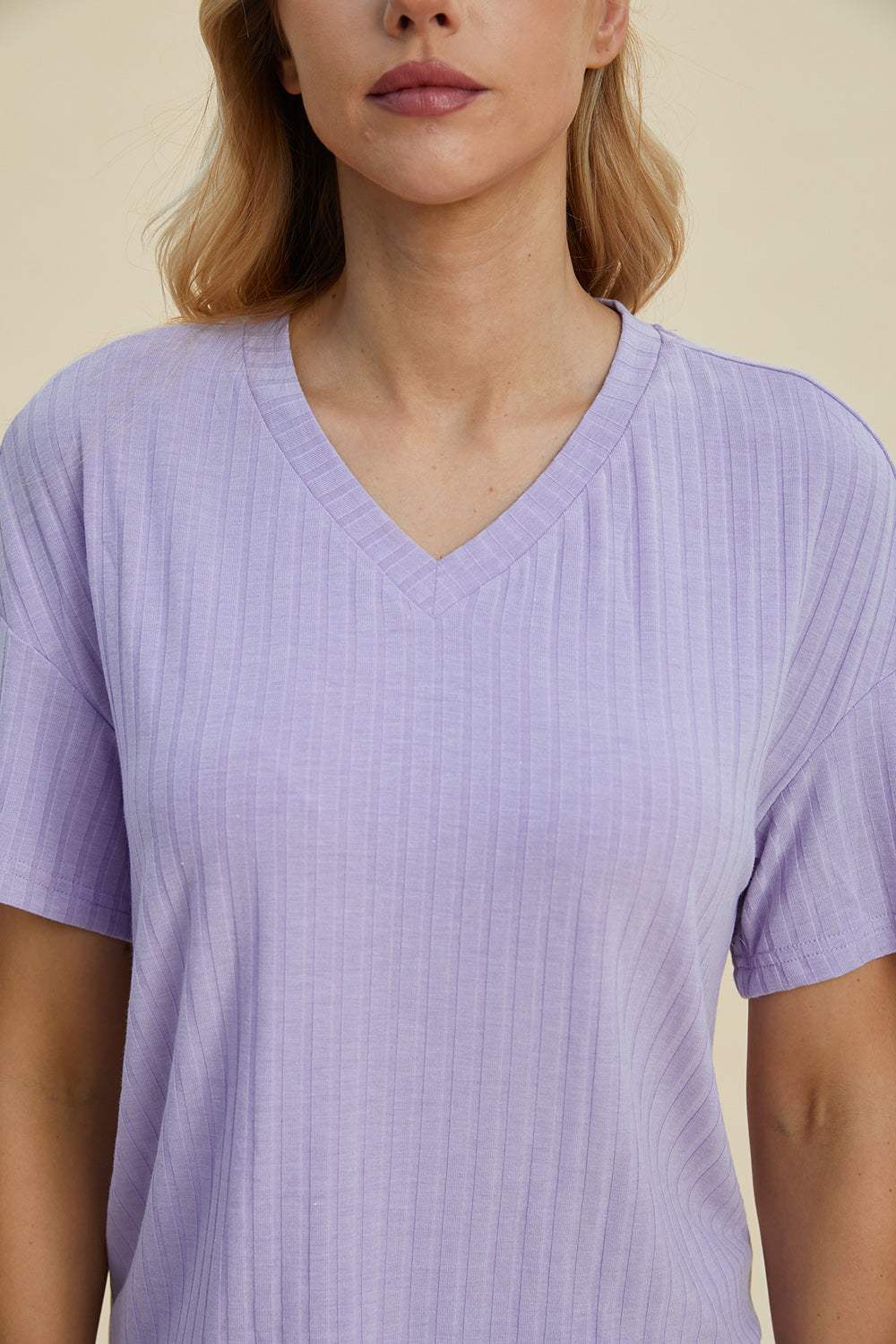 Basic Bae Full Size Ribbed V-Neck Short Sleeve Top and Shorts Set - Trendsi - Flyclothing LLC