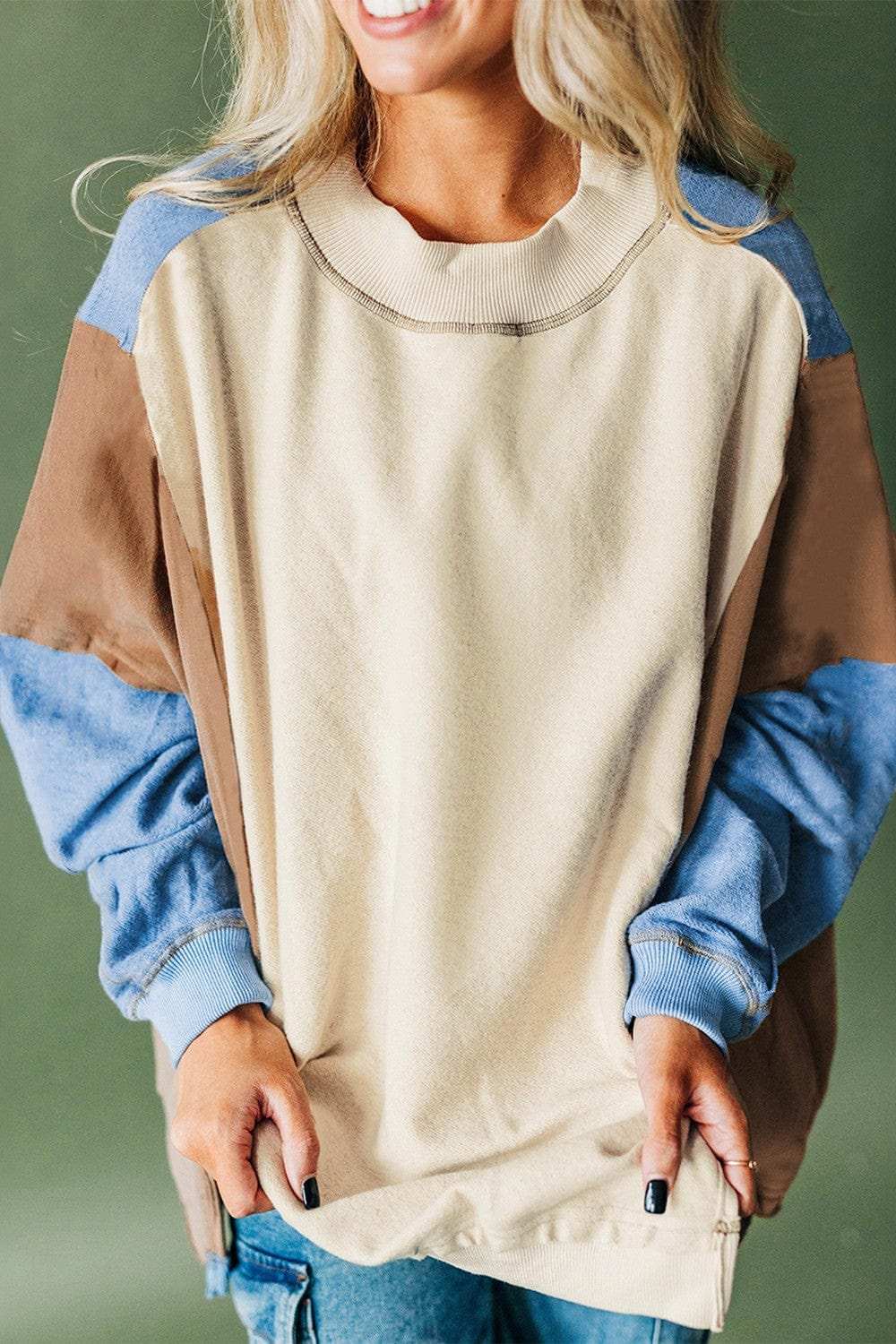 Slit Color Block Round Neck Long Sleeve Sweatshirt - Trendsi - Flyclothing LLC