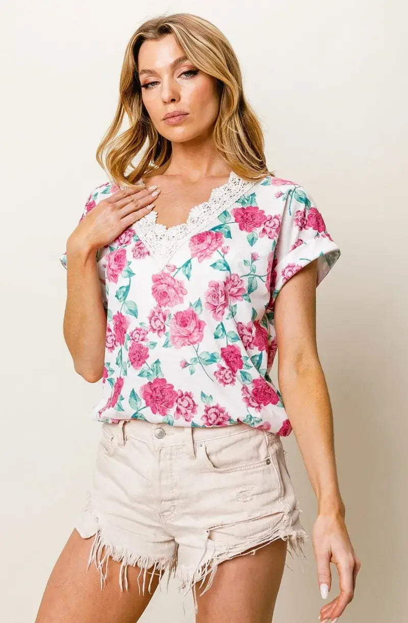 BiBi Rose Printed Poly Span with Crochet Lace Top - Trendsi - Flyclothing LLC