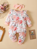 Ruffled Floral Round Neck Jumpsuit with Headband - Trendsi